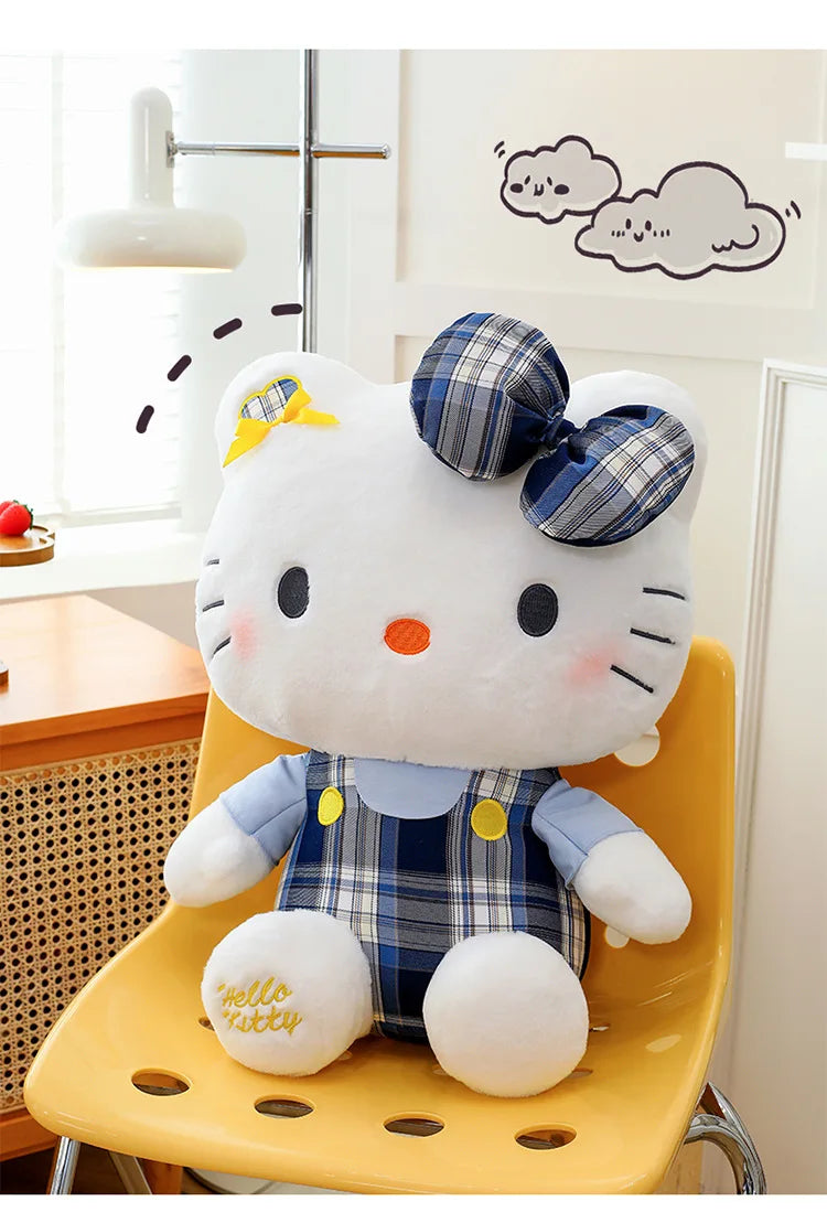 Sanrio Hello Kitty Plush Toy Retro Plaid Skirt Kitty Doll Stuffed Animal Creative Gift for Kids Birthday Christmas Girls Pillow