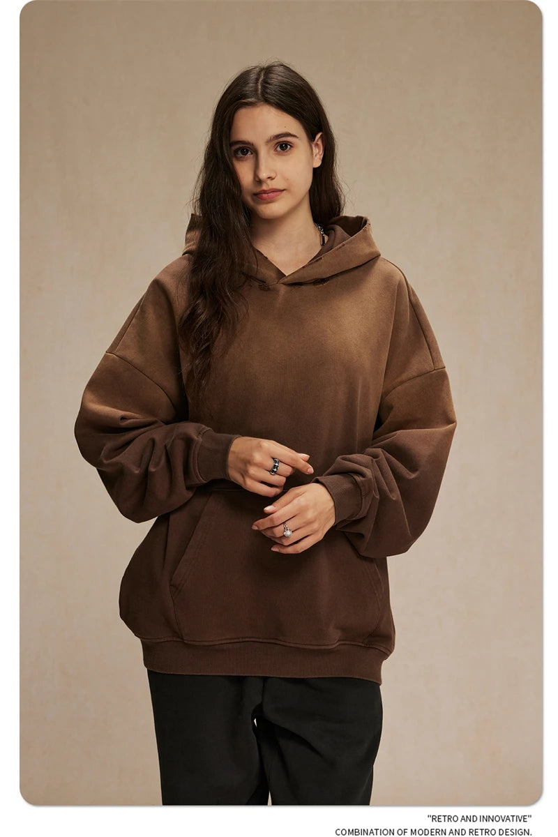 ZODF Retro Men's Heavyweight Gradient Washed Hoodies Unisex Loose Distressed Holes 450gsm Knitted Hooded Pullovers HY0891