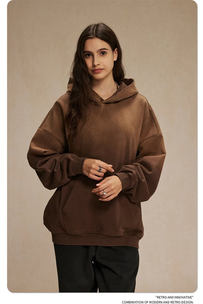 ZODF Retro Men's Heavyweight Gradient Washed Hoodies Unisex Loose Distressed Holes 450gsm Knitted Hooded Pullovers HY0891