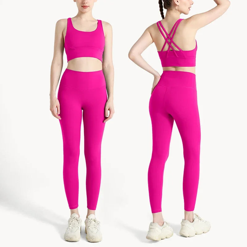 Women’s 2 Piece Yoga Set Sleeveless Cross Back Sports Bra and Leggings Athletic Tracksuit Pilates Fitness - Pitaya / L