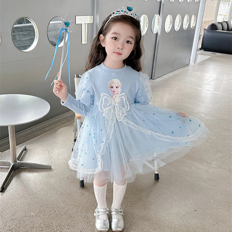 Toddler Girl Dress 2 to 3 4 5 6 7 8 9 Years Long Sleeve Princess Elsa Kids Dresses Blue Tutu Dress Children Clothes