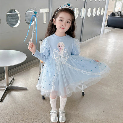 Toddler Girl Dress 2 to 3 4 5 6 7 8 9 Years Long Sleeve Princess Elsa Kids Dresses Blue Tutu Dress Children Clothes