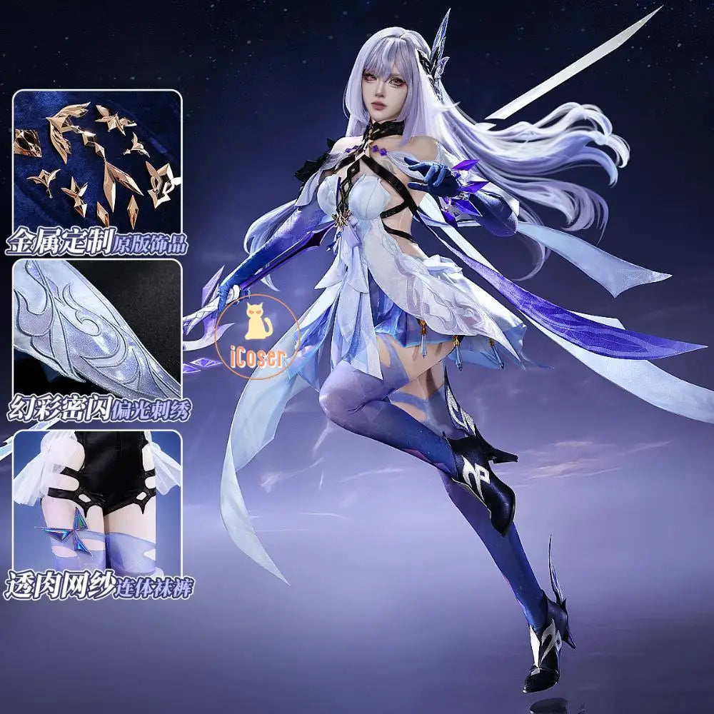 Genshin Impact Skirk Cosplay Costume Wig Dress Uniform Headwear Metal Accessories Festival Halloween Party for Women Girl iCoser