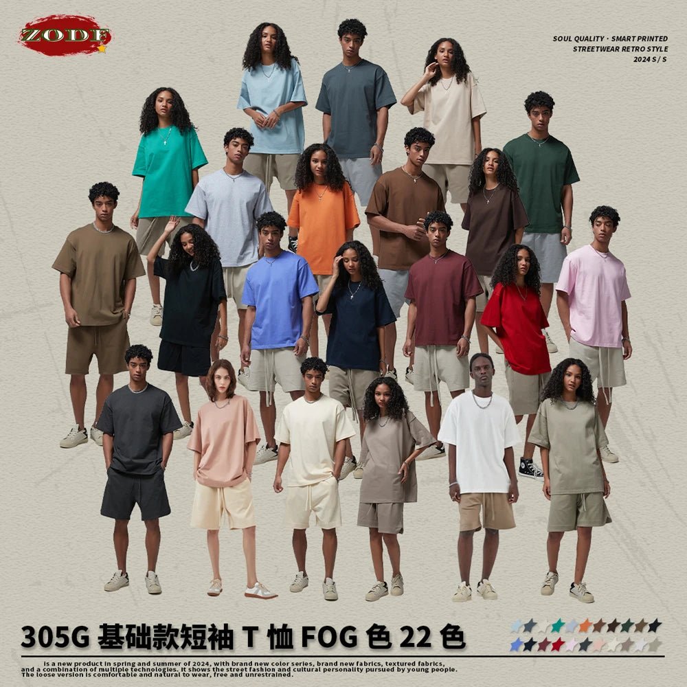 ZODF New Spring Summer Men 305gsm Cotton T Shirts Unisex Heavy Weight Oversized FG Noshrink Basic Solid T-Shirt Tees HY0165
