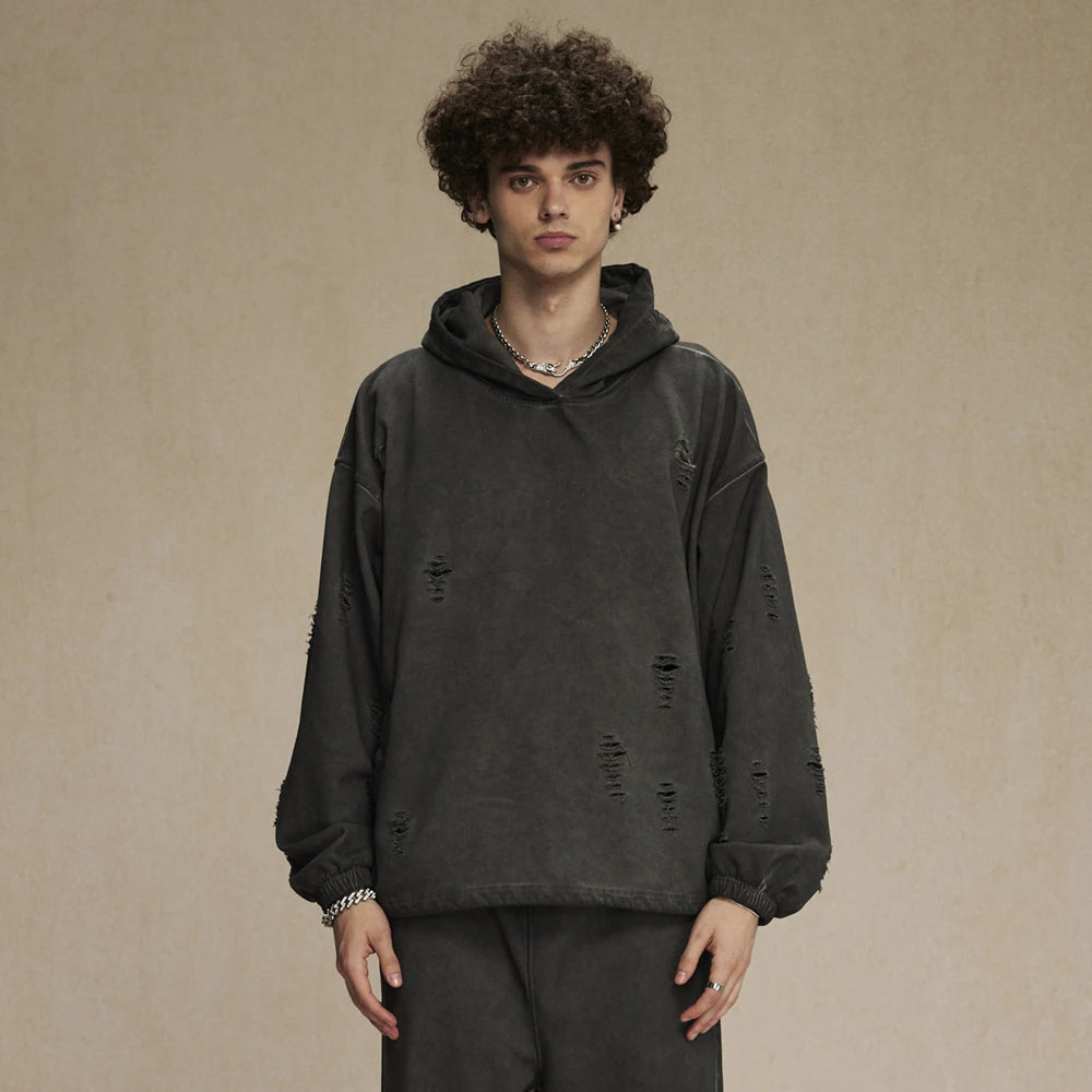 ZODF Vintage Winter Men Distressed 450gsm Hoodies Unisex High Street Ripped Holes Elastic Hem Hooded Pullovers Coat HY0932