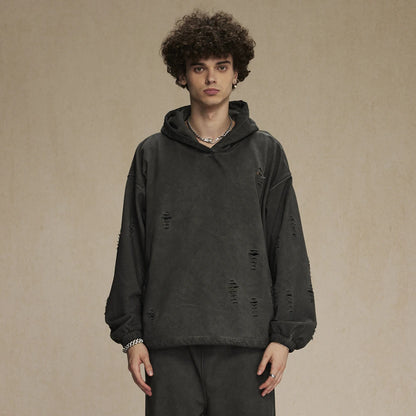 ZODF Vintage Winter Men Distressed 450gsm Hoodies Unisex High Street Ripped Holes Elastic Hem Hooded Pullovers Coat HY0932