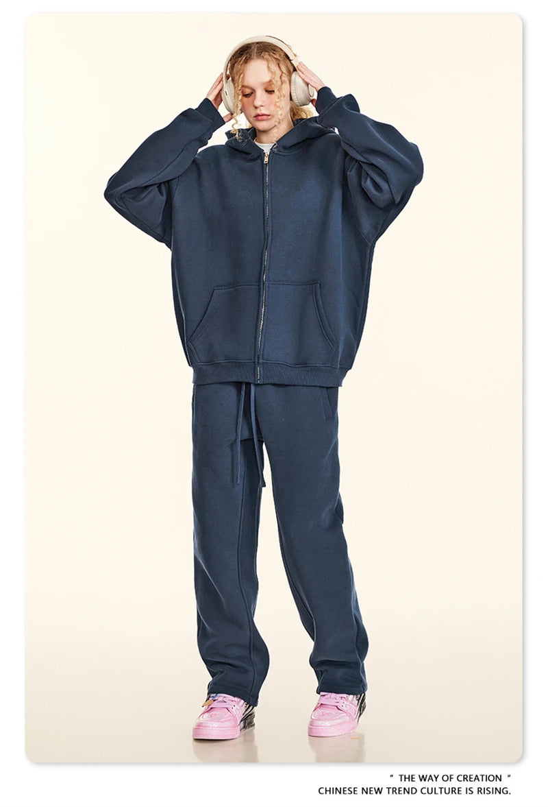 ZODF Fashion Winter Men Warm Zipper Fleece Hoodies Unisex Loose Basic 345gsm Knitted Hooded Hoodie Coats HY0904