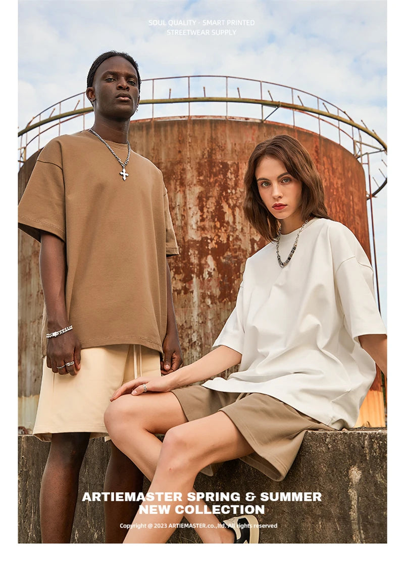 ZODF New 2025 Heavy Weight Summer Solid T Shirts For Men Unisex High Street Oversized 385gsm Cotton T-Shirt Streetwears HY0497