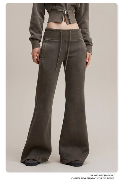 ZODF Retro Winter Women 400gsm Fleece Flared Pants Casual Girls Female Slim Fit Warm Washed Distressed Trousers HY1142