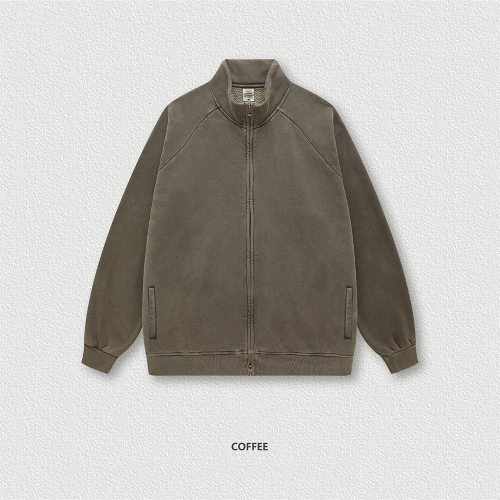 ZODF Retro Winter Men Washed Fleece Zipper Jackets Unisex Loose Oversized 400gsm Raglan Sleeve Coats Streetwears HY0649