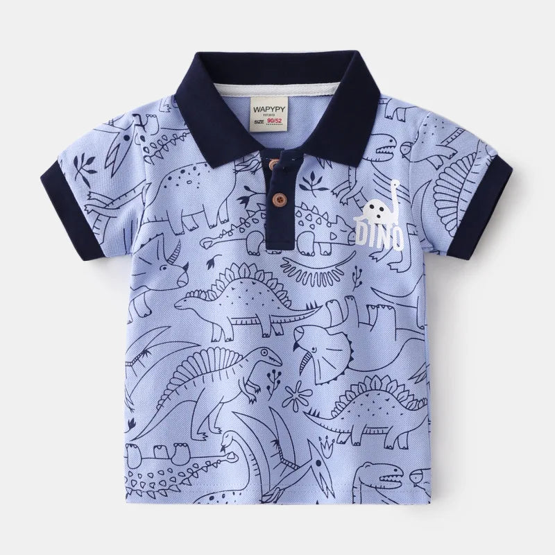 80-130cm Kids Polo Shirts 3 to 4 Year Boy Clothes Cotton Short Sleeve Children's Shirt Blue Dino Bunny Print Tops Summer T-shirt