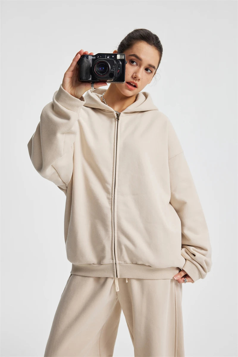 ZODF Trendy Winter Man Warm 430gsm Fleece Zipper Hoodies Unisex Solid Loose Zip-Up Hooded Coats Brand Outfit HY1130