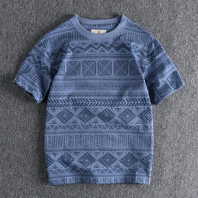 6013# Summer New American Retro Short Sleeve O-neck Geometric Printed T-shirt Men's Fashion 100% Cotton Washed Loose Casual Tops