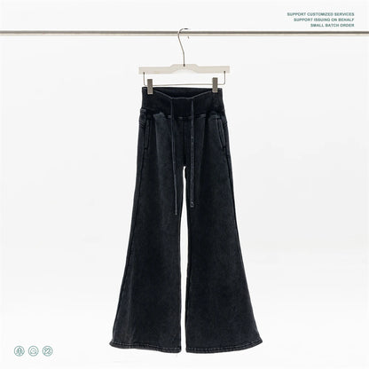 ZODF Retro Winter Women 400gsm Fleece Flared Pants Casual Girls Female Slim Fit Warm Washed Distressed Trousers HY1142