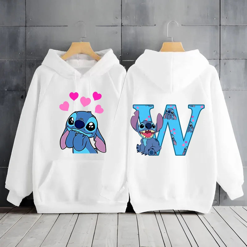 2025 Women's Winter Jacket Cute Kawaii Disney Lilo & Stitch Lucky Letter Print White Hoodie Fashion Couple Streetwear Sportswear