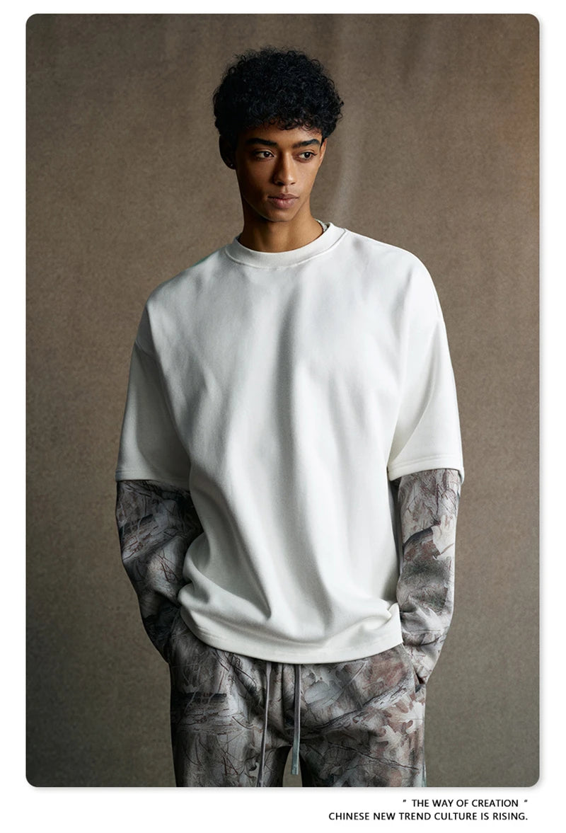 ZODF New Autumn Man Heat Transfer Printing T-Shirt Unisex Oversized 340gsm Fake 2-Piece Long Sleeve T Shirts Brand Tops HY1113