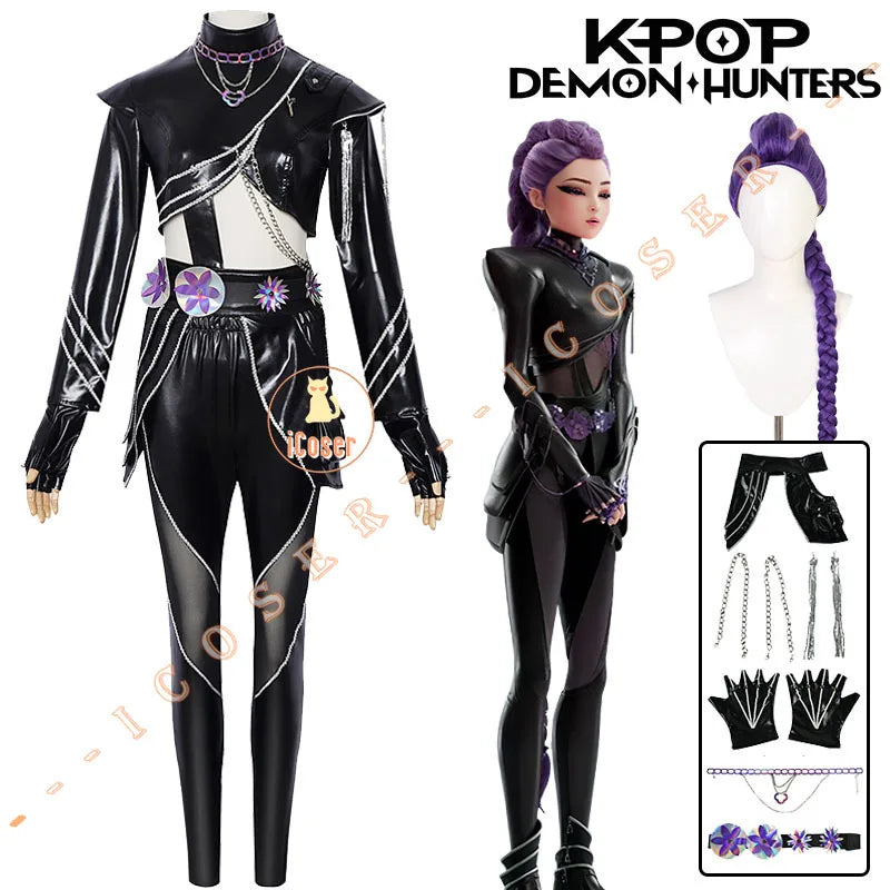 KPop Demon Hunters Rumi Cosplay Costume Black Leather Combat Uniform Necklace Gothic Punk Huntrix Halloween Women Girls iCoser
