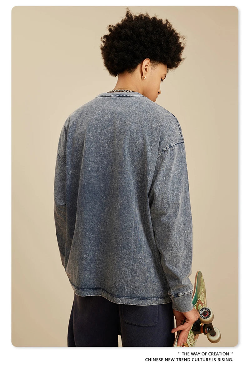 ZODF Retro 2025 Men Autumn Batik Washed T Shirt Unisex Oversized Basic Long Sleeve Solid 270gsm Cotton T-Shirts Tees HY0641