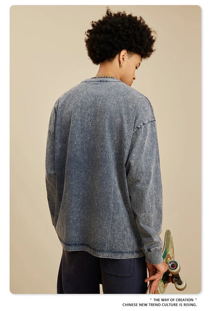 ZODF Retro 2025 Men Autumn Batik Washed T Shirt Unisex Oversized Basic Long Sleeve Solid 270gsm Cotton T-Shirts Tees HY0641