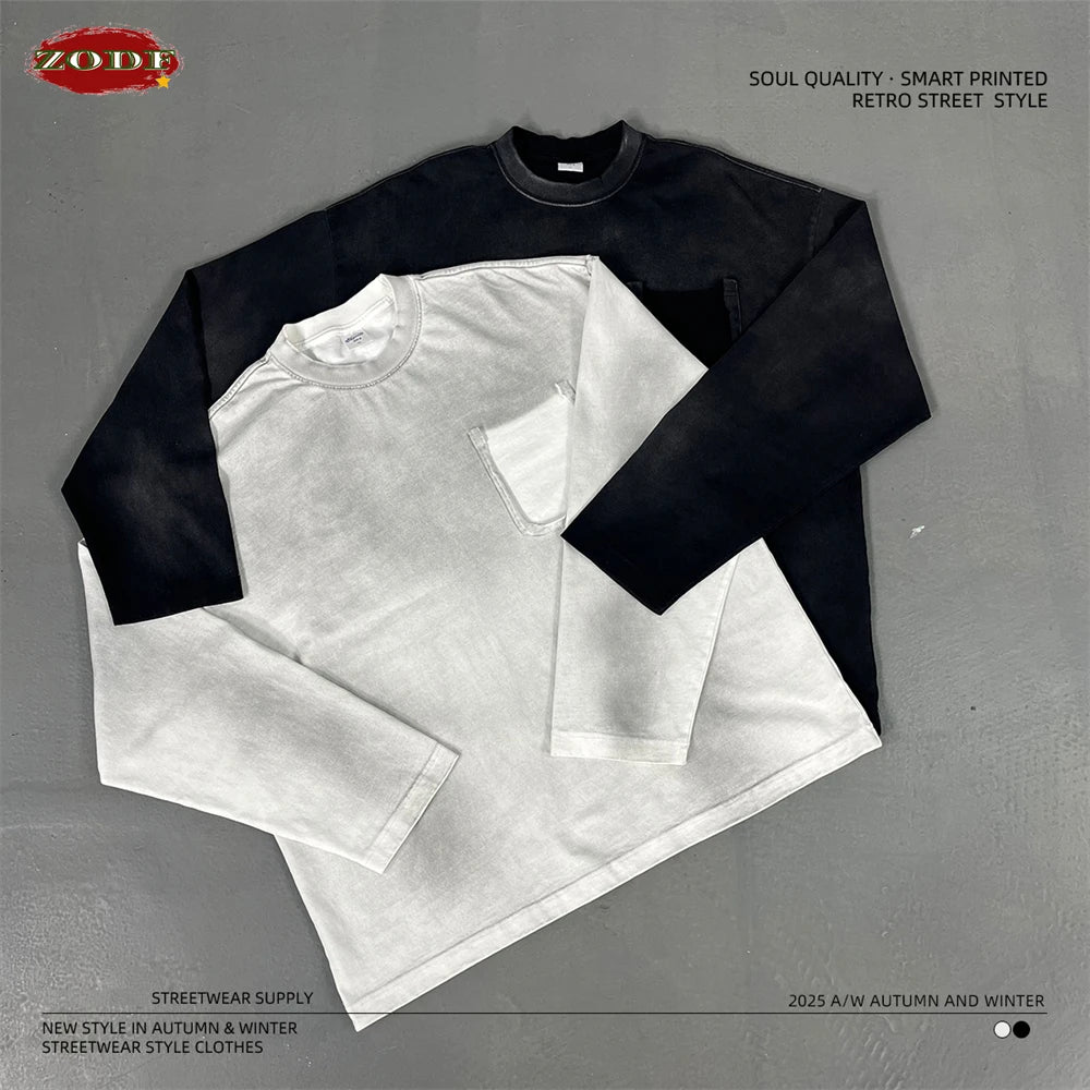 ZODF Retro Man's 325gsm Cotton Full Sleeve T-Shirts Unisex Distressed Wastland Style Monkey Washed T Shirt Tees HY1160