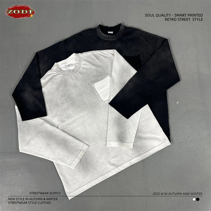 ZODF Retro Man's 325gsm Cotton Full Sleeve T-Shirts Unisex Distressed Wastland Style Monkey Washed T Shirt Tees HY1160