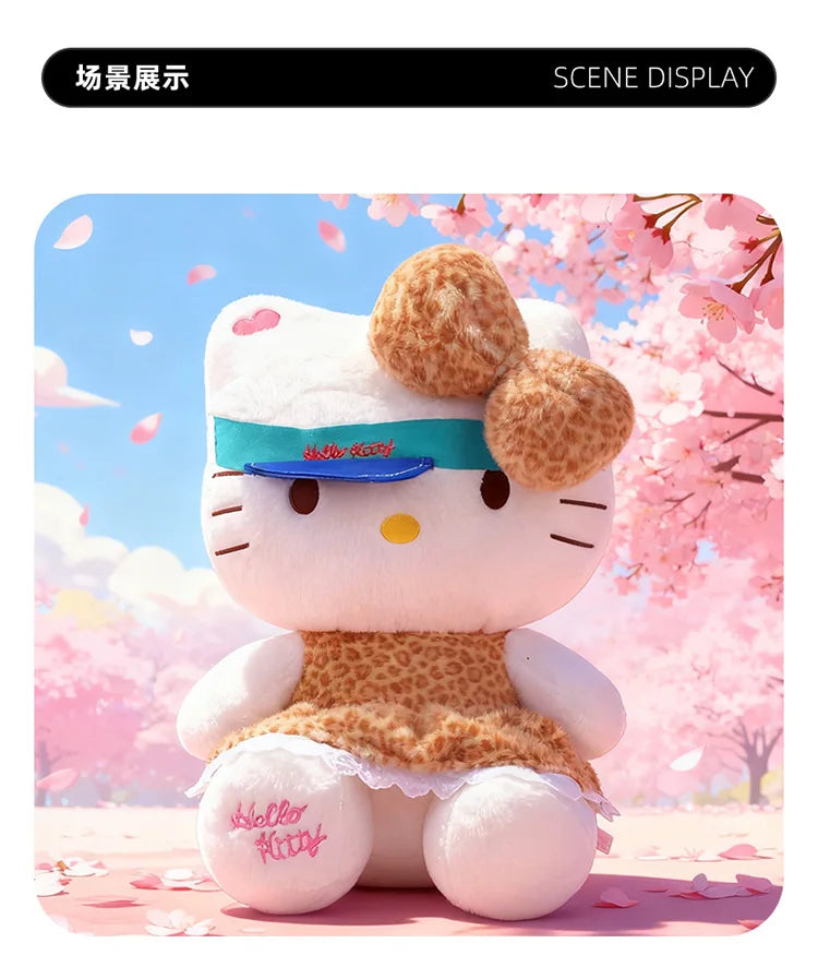 New Sanrio Plush Leopard Print Baseball Cap KT Cat Hello Kitty Stuffed Animal Kitten Pillow Doll for Kids Birthday Xmas Gift For