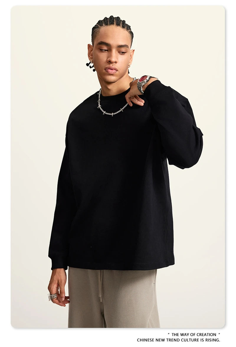 ZODF Autumn Winter 425gsm Long Sleeve T-Shirt American Retro Unisex Loose Heavyweight Basic Cotton T Shirts TEE HY0676