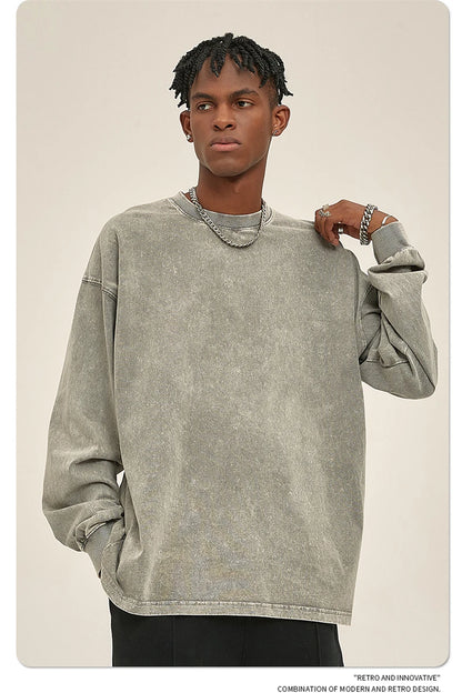 ZODF Retro Men Long Sleeve Washed Cotton T Shirt Unisex Loose 250gsm Basic Atumn TEES Tops Brand Streetwears HY0394