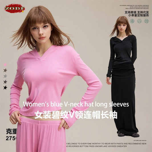 ZODF Sexy Women Autumn Washed 275gsm Hooded T Shirt Ladies Girls Slim Fit Distressed Side Pleated T-Shirts Tees HY1149