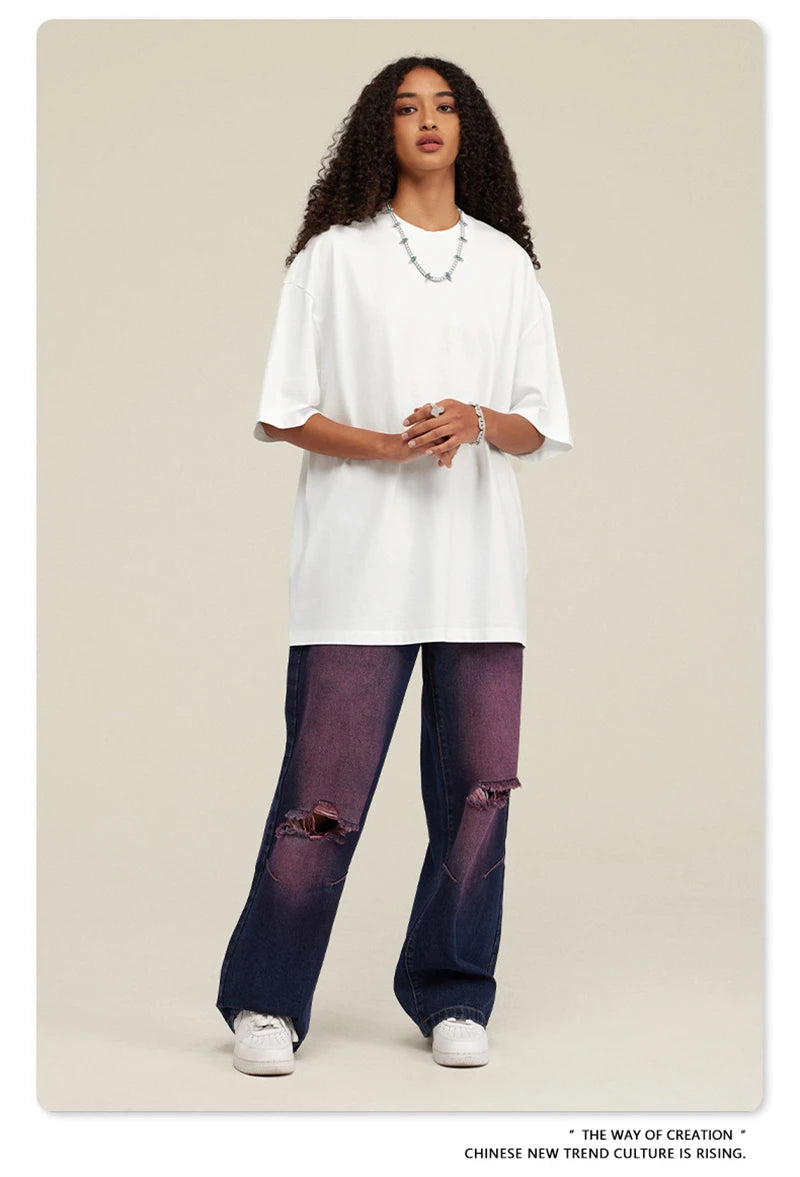 ZODF New Summer Men Washed Batik Cotton T Shirts Unisex American Retro High Street 270gsm Short Sleeve Tees Streetwear HY0489