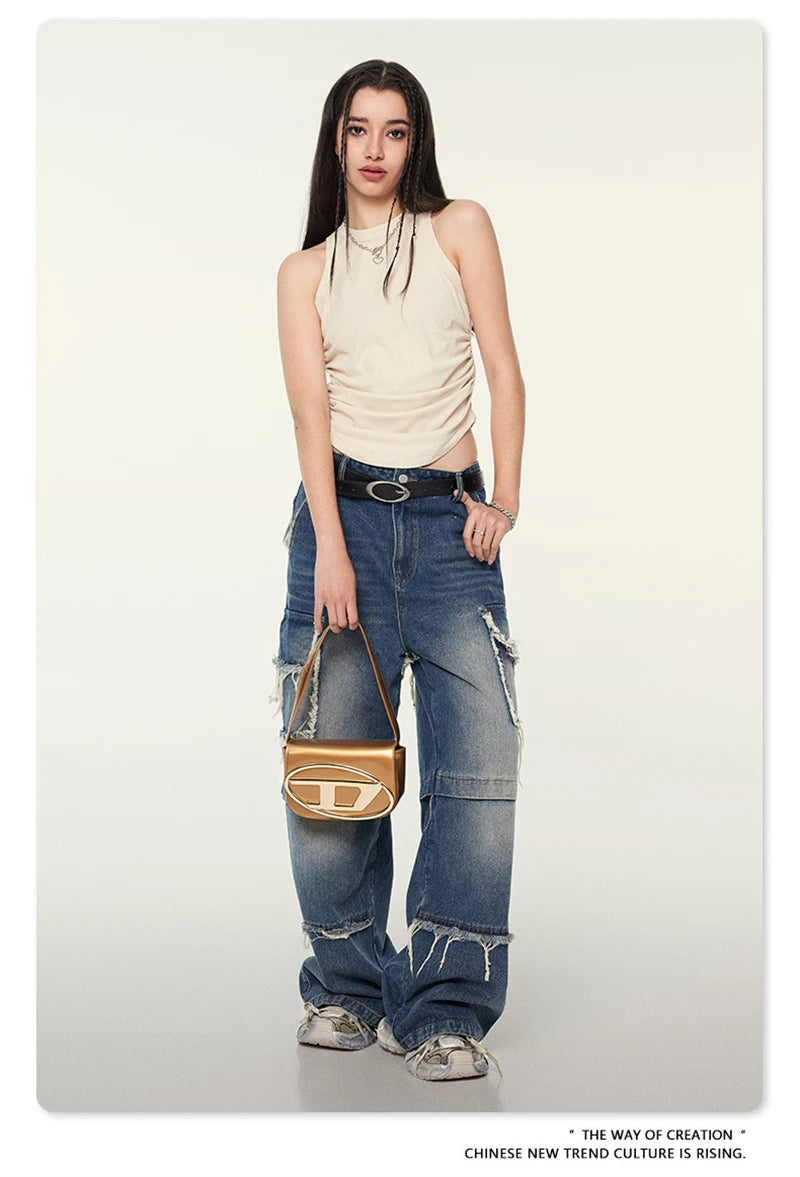 ZODF Women 2024 Summer Washed Tank Tops Female Hotsweet Girls 235gsm Slim Pleated Arc Hem Camisole TEE Streetwears HY0795