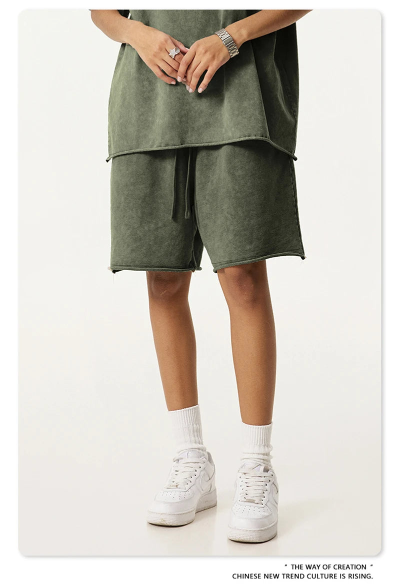 ZODF New 2025 Men Summer Loose Edge Washed Cotton Shorts Unisex Retro High Street Distressed 330gsm Shorts Brand Clothes HY1056