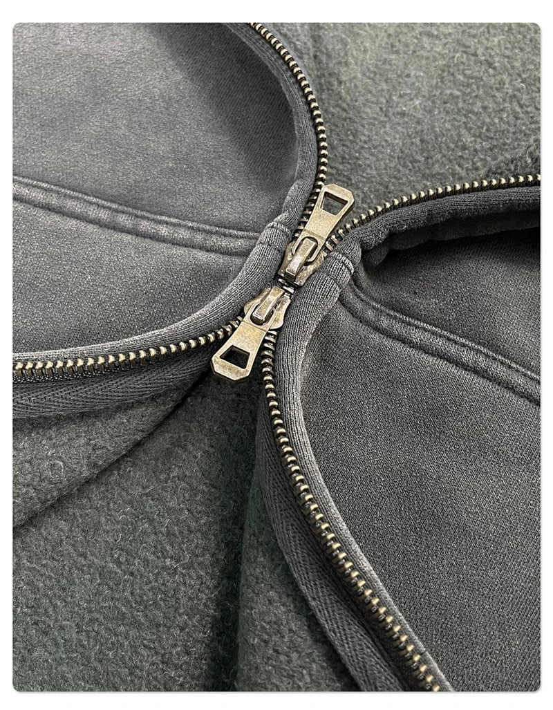 ZODF New 2025 Winter Man's Fleece Zipper Hoodies Unisex Retro 370gsm Loose Boxy Batik Washed Hooded Coats Sweatshirts HY1164