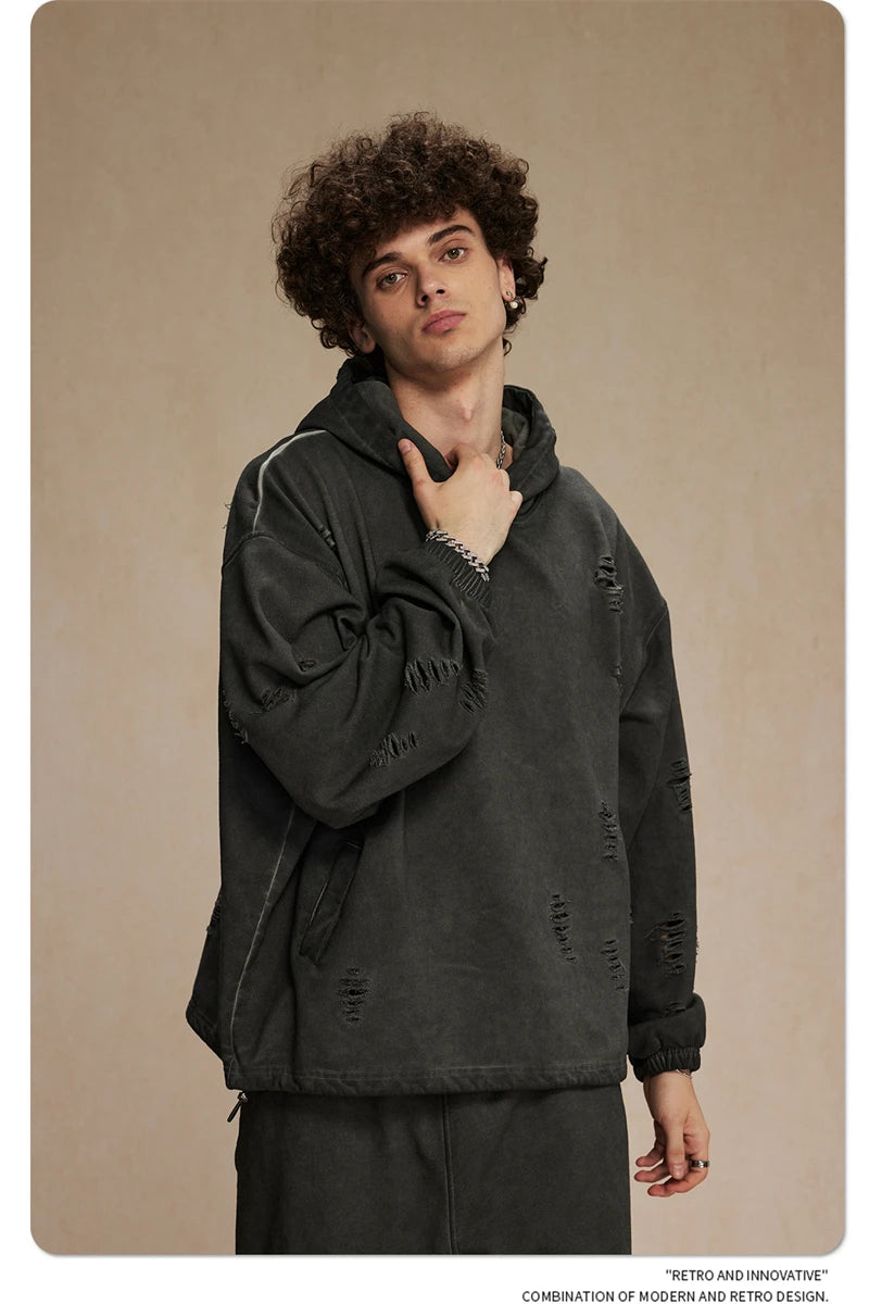 ZODF Vintage Winter Men Distressed 450gsm Hoodies Unisex High Street Ripped Holes Elastic Hem Hooded Pullovers Coat HY0932