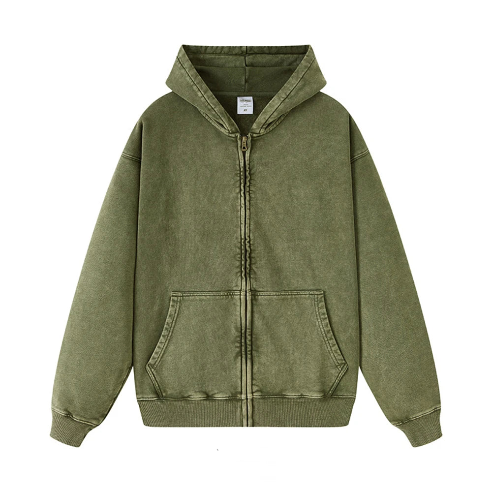 ZODF Retro Autumn Batik Washed 100% Cotton 420gsm Terry Oversized Distressed Zipper Hoodie Unisex HY0936 - army green