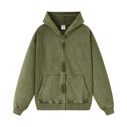 ZODF Retro Autumn Batik Washed 100% Cotton 420gsm Terry Oversized Distressed Zipper Hoodie Unisex HY0936 - army green