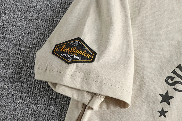 Summer American Retro Short-sleeved O-neck Locomotive Printed T-shirt Men's Fashion Simple 100% Cotton Washed Casual Sport Tops