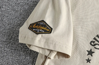 Summer American Retro Short-sleeved O-neck Locomotive Printed T-shirt Men's Fashion Simple 100% Cotton Washed Casual Sport Tops