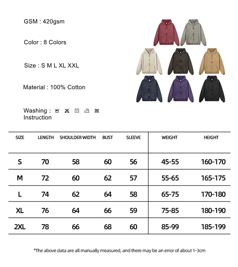 ZODF Retro Autumn Batik Washed 100% Cotton 420gsm Terry Oversized Distressed Zipper Hoodie Unisex HY0936
