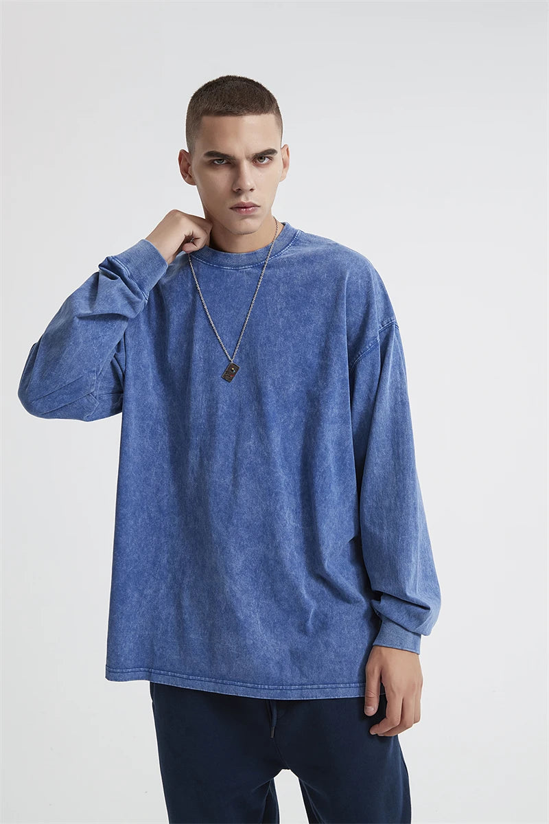 ZODF Retro Men Long Sleeve Washed Cotton T Shirt Unisex Loose 250gsm Basic Atumn TEES Tops Brand Streetwears HY0394