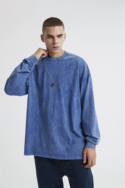 ZODF Retro Men Long Sleeve Washed Cotton T Shirt Unisex Loose 250gsm Basic Atumn TEES Tops Brand Streetwears HY0394