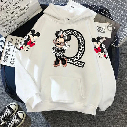 2024 Women's Winter Jacket Cute Kawaii Disney Mickey Mouse Lucky Letters Print White Hoodie Fashion Couple Streetwear Sportswear