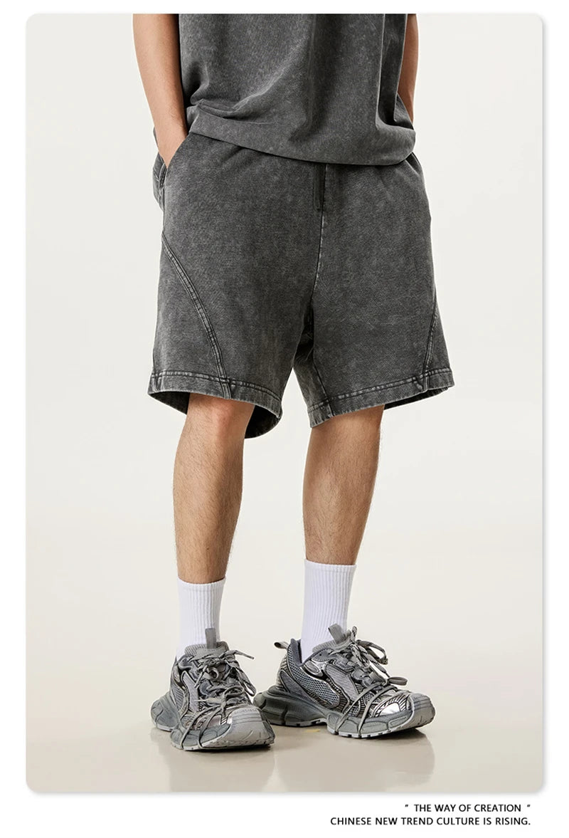 ZODF New Men Fire Snowflake Washed 330gsm Shorts Unisex High Street Summer Distressed Sport Cotton Shorts HY1028