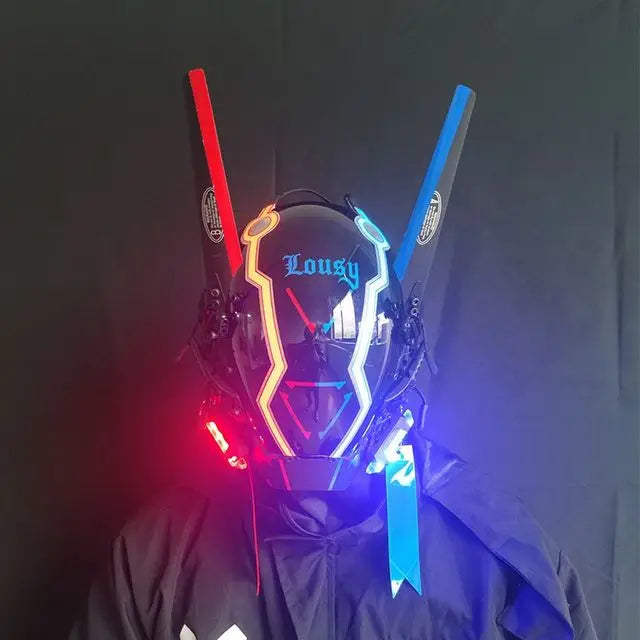 Cyberpunk Helmet Cosplay Mask with LED Light Dreadlocks Braided Wings Shinobi Samurai Style – Birthday & Christmas Gift
