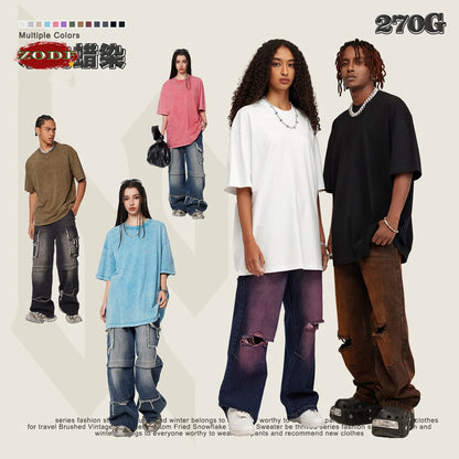 ZODF New Summer Men Washed Batik Cotton T Shirts Unisex American Retro High Street 270gsm Short Sleeve Tees Streetwear HY0489