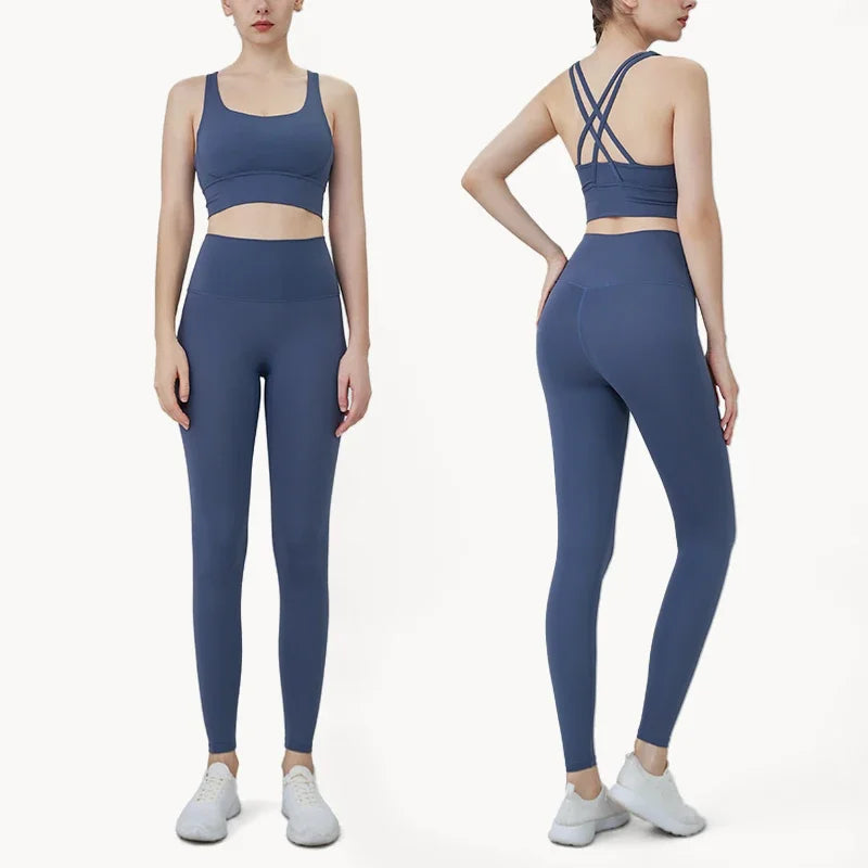 Women’s 2 Piece Yoga Set Sleeveless Cross Back Sports Bra and Leggings Athletic Tracksuit Pilates Fitness - Code Blue