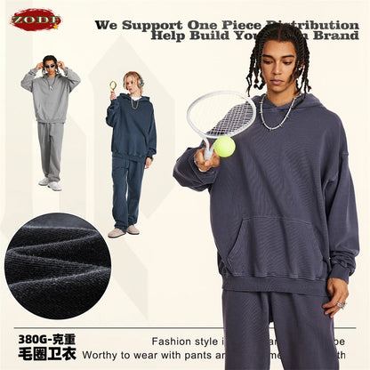 ZODF Retro Autumn Winter Washed Cotton Hoodies Unisex Loose 380gsm Knitted Sport Hooded Pullovers Brand Clothes HY0884