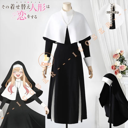 Anime My Dress-Up Darling Marin Kitagawa Cosplay Costume Nun Dress Uniform Hat Necklace Season 2 Halloween Party for Women Girls