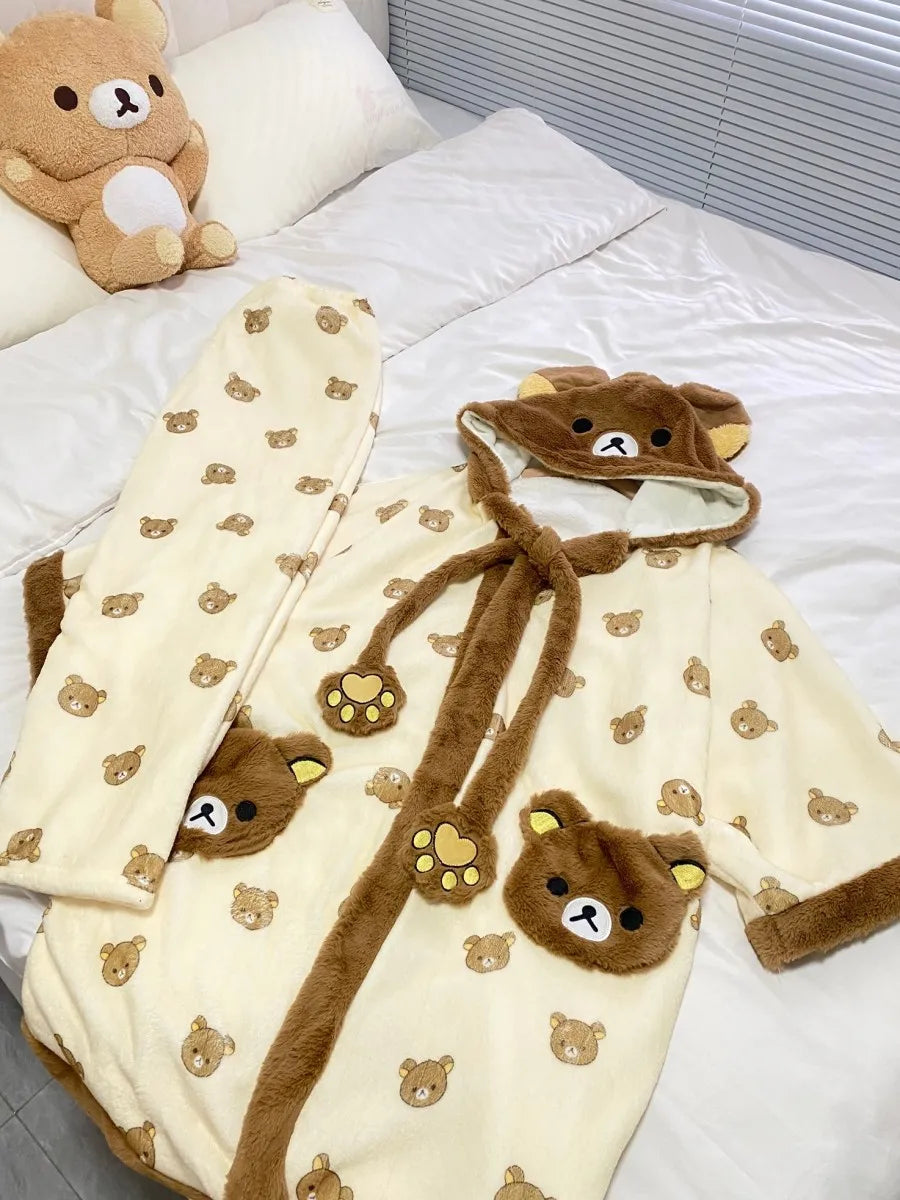 Rilakkuma Women'S Fleece-Lined Thickened Robe Coral Fleece Flannel Hooded Home Clothes Warm Nightgowns Casual Wear For Going Out