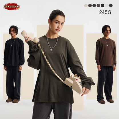 ZODF Trendy Autumn Full Sleeve 245gsm T-Shirts For Men Unisex Loose Solid Quick Dry Antibacterial T Shirt Brand Tees HY1162